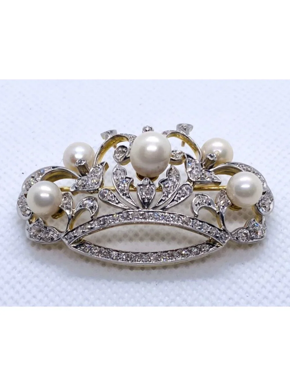 Platinum 950 18K Yellow Gold Pearl & Diamond Tiara Brooch